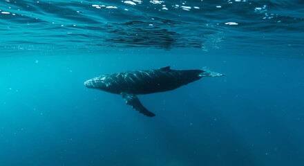 Fototapeta premium Whale Swimming Underwater in Open Ocean with Blue Water and Sunlight