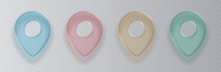 Collection of colorful transparent pins for GPS navigation map symbols in liquid glass style isolated on light background. Vector 3d illustration.