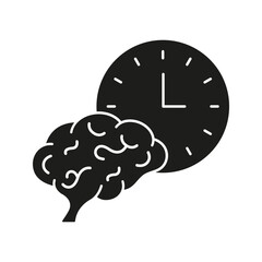 Brain With Clock Solid Icon. Time Management, Cognitive Function, And Mental Efficiency Silhouette Symbol. Productivity And Focus. Isolated Vector Illustration