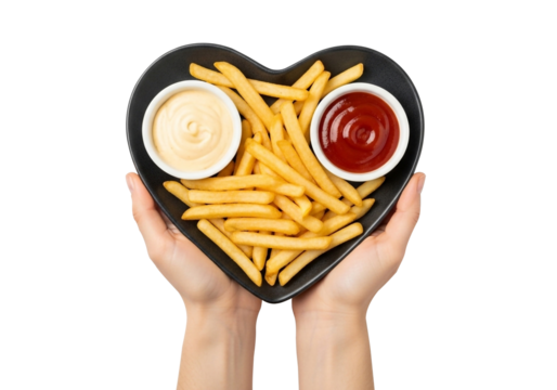 Hands holding a heart bowl of golden french fries with ketchup and mayo against a transparent background, an ideal image for takeaway menus