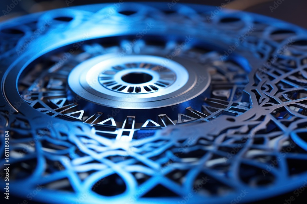Aufkleber close up view of a futuristic metallic rotor spinning with intricate details and a mesmerizing blue 