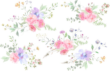 Set of watercolor floral with pink flowers, eucalypt leaves, wildflowers, herbs. Arrangements for invitations, greeting card. Hand drawn illustration.. Vector EPS.