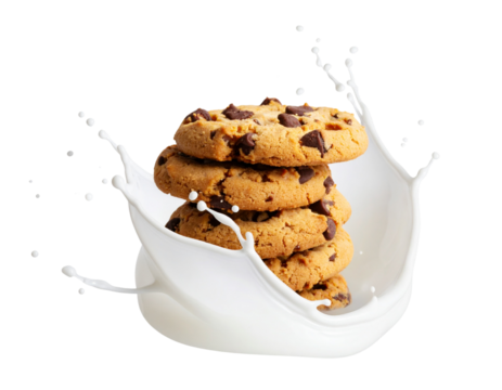  Stack of Cookies with Milk Splash Dynamic Snack Concept PNG