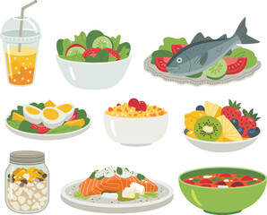 Healthy food collection illustration, fresh vegetables, fruits, fish, grains, juice, salad, protein, balanced meal, colorful nutrition design, clean eating, diet concept, wellness