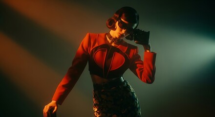 Cinematic portrait of a stylish woman in a retro red jacket posing under moody, colorful spotlights
