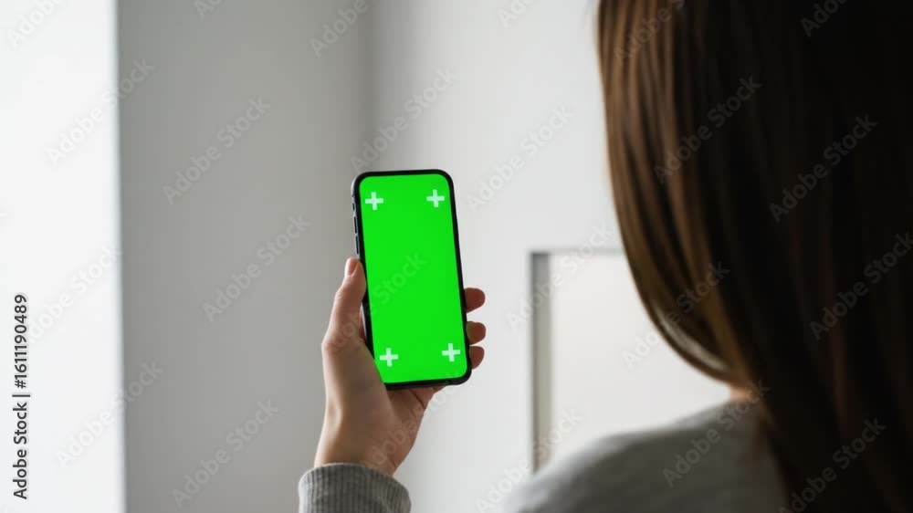 Poster woman using smartphone with green screen for application or website mockup in indoor setting view