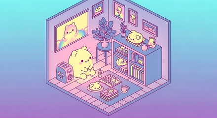 Cozy lifestyle concept featuring a cute kawaii character relaxing in a dreamy pastel isometric room with adorable home details.