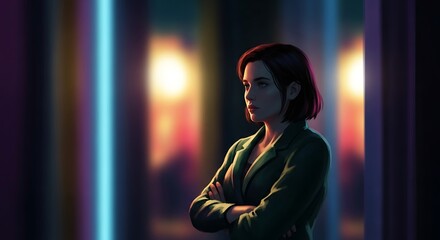 A mysterious woman in a green jacket with a pensive expression, illuminated by futuristic neon lights in a dark, atmospheric setting.
