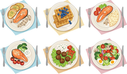 Healthy balanced meals plates with salmon, rice, vegetables, meatballs, salad, waffles with blueberries, nutritious food options, diverse tasty dishes, delicious colorful breakfast and lunch sets