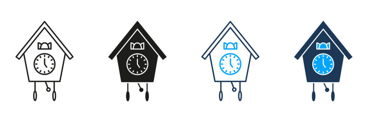 Cuckoo Clock Line And Solid Icon Set. Traditional Timekeeping And Home Decor Symbol Collection. Vintage Style, Pendulum, And Clock Face Design. Isolated Vector Illustration