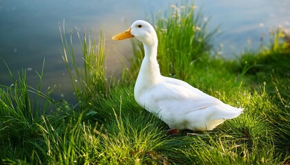 Obraz premium white duck in grassy riverside habitat captivating waterfowl close up for nature lovers and birdwatching enthusiasts