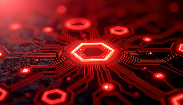 Futuristic Red Digital Circuit Board With Glowing Hexagon Core