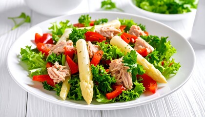 Nutritious tuna salad with white asparagus, lettuce, and red bell peppers for lunch