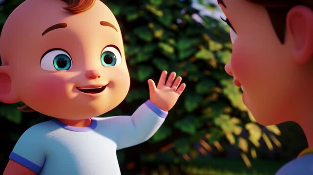 Cartoon baby waves hello to another person against a background of green leaves