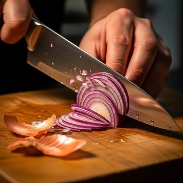 Close up of a chef slicing a red onion on a wooden cutting board with a sharp knife