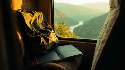 Journey's View: A backpack and open notebook sit on a window sill, framing a stunning river landscape during sunset. The scene evokes wanderlust and a thirst for new experiences.