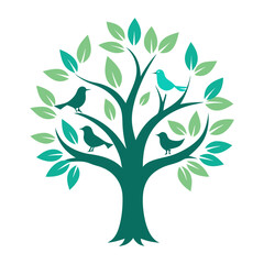 Stylized Tree with Birds Illustration in Teal and Green Tones on a White Background