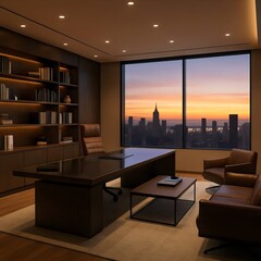 Modern Executive Office Interior with City Skyline Sunset View