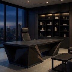 Sleek Modern Office Interior with Geometric Desk and City Night View