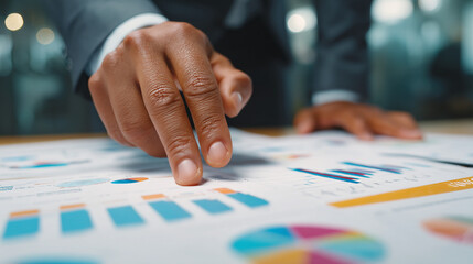 A person in a suit reviewing data charts and graphs with their fingers on a table in an office setting