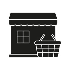 Storefront With Shopping Basket Solid Icon. Retail Business, E-Commerce, And Shopping Experience Silhouette Symbol. Commercial Storefront Representation. Isolated Vector Illustration