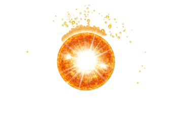 A radiant celestial body bursts forth with energy releasing particles of light and cosmic elements in a vibrant display.