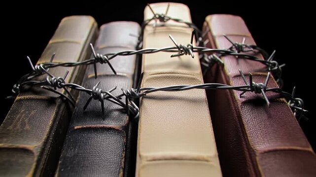 Old Books Bound with Barbed Wire Symbolizing Censorship on Dark Background