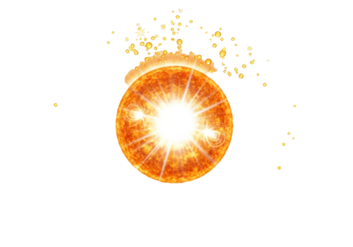 A radiant celestial body bursts forth with energy releasing particles of light and cosmic elements in a vibrant display.