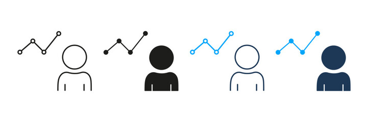 Person With Graph Line And Solid Icon Set. Data Analysis, Performance Tracking, And Business Growth Symbol Collection. Analytics And Strategy Visualization. Isolated Vector Illustration