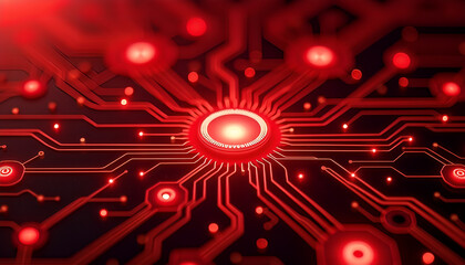 Futuristic Red Digital Circuit Board With Glowing Hexagon Core 
