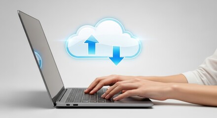 Person Typing on Laptop with Cloud Data Transfer Icon, Illustrating Digital Connectivity