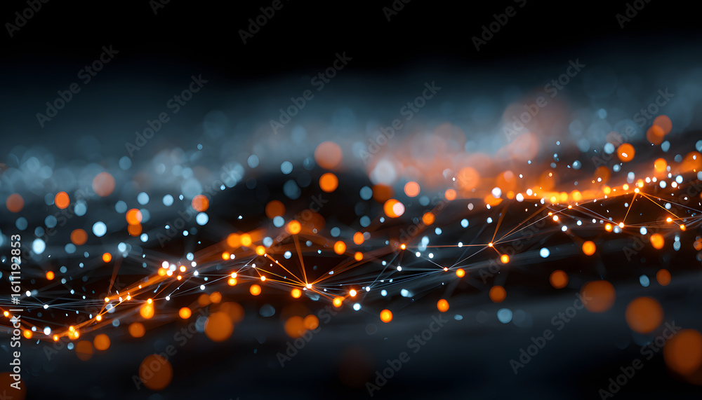 Poster abstract tech network data connections with orange, blue glowing dots, lines. artificial intelligenc