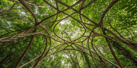 Intricate network of trees creates a mesmerizing canopy over a tranquil forest pathway Generative AI