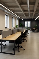 Modern Open Office Workspace with Cubicles and Ergonomic Chairs