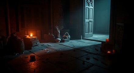 A dark and mysterious ancient stone chamber lit by candlelight, with a supernatural blue light coming from an open doorway.