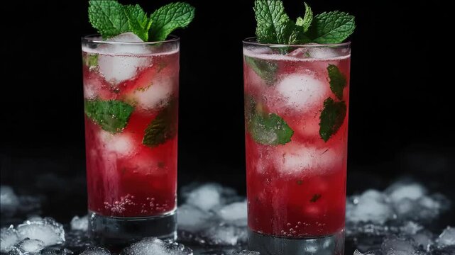 Two refreshing mojitos with ice and mint leaves, served in clear glasses. Perfect summer or festive drink.