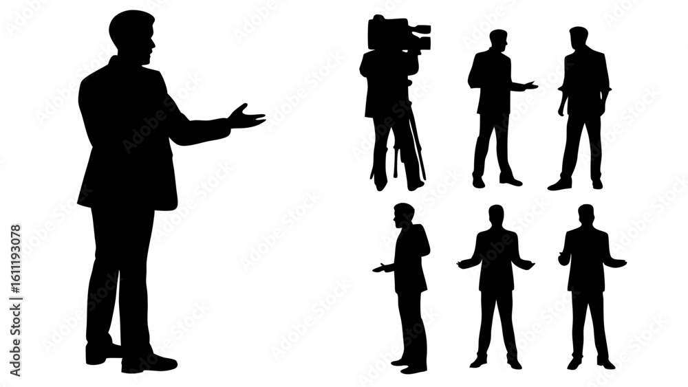 Poster silhouettes of men in suits with camera on tripod and men gesturing with hands in a white background