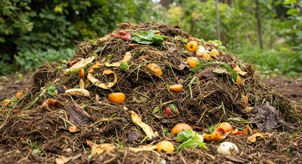 Obraz premium Compost Heap with Rotten Vegetables and Organic Waste in Garden