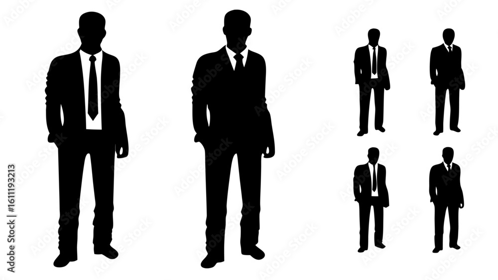 Poster silhouettes of men in suits standing in various poses against a white background in a vector image