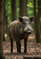 Fototapeta premium Wild Boar in Forest Natural Environment with Dense Trees and Leaf Litter