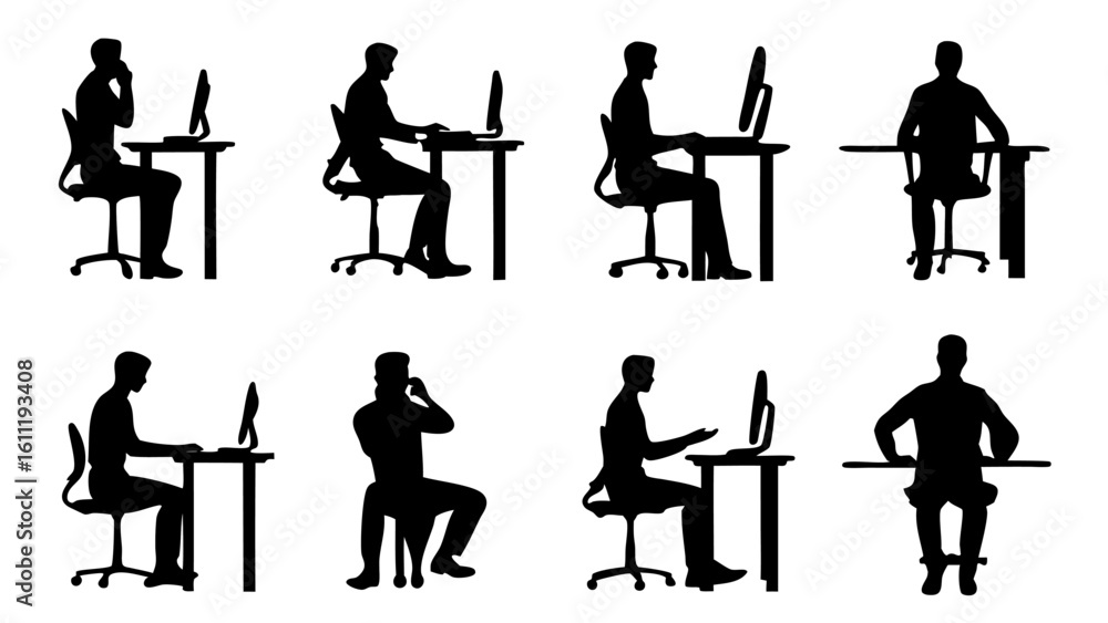 Poster silhouette illustrations of people working at desks with computers and chairs in various positions
