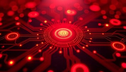 Futuristic Red Digital Circuit Board With Glowing Hexagon Core 