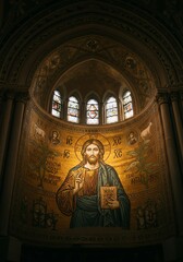Obraz premium Religious Christian Icon of Jesus Christ in Gold Mosaics Inside Church with Stained Glass Windows