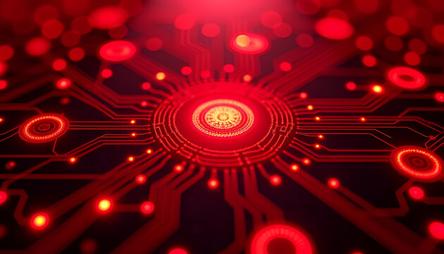 Futuristic Red Digital Circuit Board With Glowing Hexagon Core