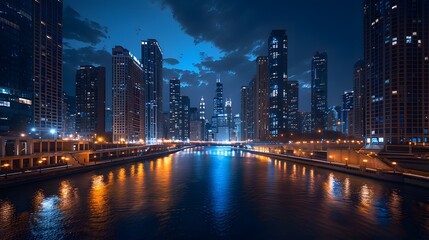 Naklejka premium Majestic Chicago Skyline Night Reflection