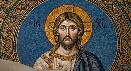 Religious Jesus Christ Mosaic Portrait with Golden Halo in Church Setting