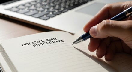 Reviewing corporate policies and procedures manual for business compliance.