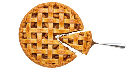 Classic apple pie with a lattice crust and a slice being served isolated PNG with Transparent Background