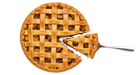 Classic apple pie with a lattice crust and a slice being served isolated PNG with Transparent Background