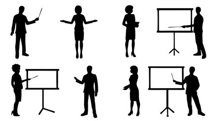 Silhouettes of people giving presentations and gesturing with presentation boards and pointers in black